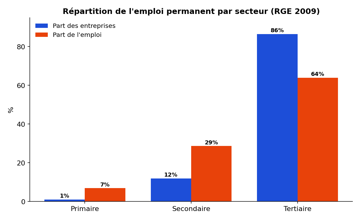 Répartition de l'emploi permanent par secteur, Cameroun RGE 2009